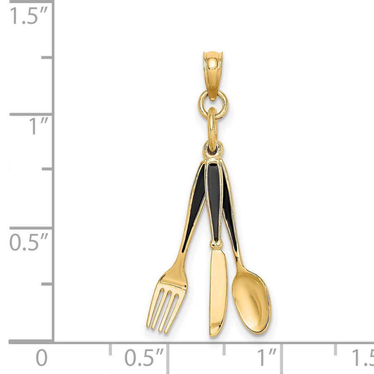 14k Yellow Gold Pendant with Movable Fork Knife Spoon, Black Enamel Culinary Charm