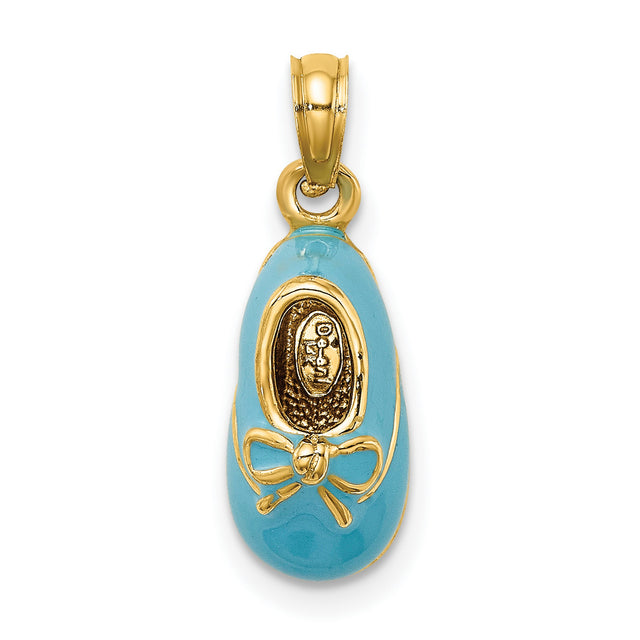 14k Yellow Gold Virgin Mary Baby Shoe Pendant with Blue Enamel, Catholic Charm