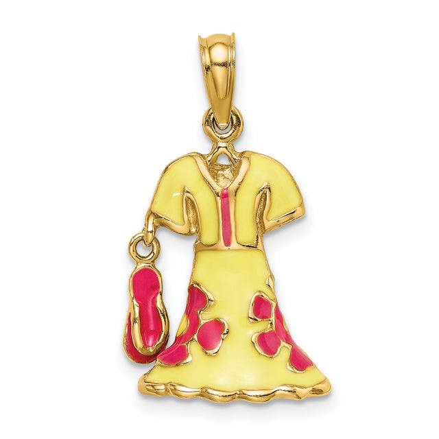 14k Yellow Gold Flamenco Dress Pendant with Red and Yellow Enamel and Movable Shoe Charm