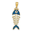 14k Yellow Gold Fishbone Pendant with Blue Enamel Evil Eye Charm, Unisex Spiritual Jewelry