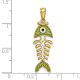 14k Yellow Gold Fishbone Pendant with Green Enamel, Whimsical Skeleton Design