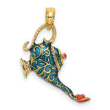 14k Yellow Gold Magic Lamp Pendant with Blue Enamel, Arabian Fantasy Design