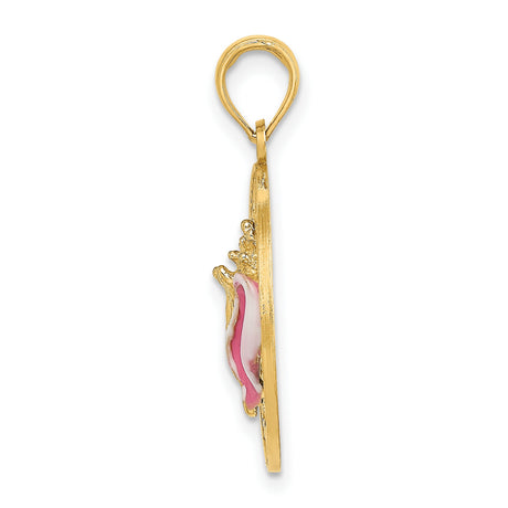 14k Yellow Gold Pendant with Pink Enamel Conch Shell, Tropical Beach Key West Charm