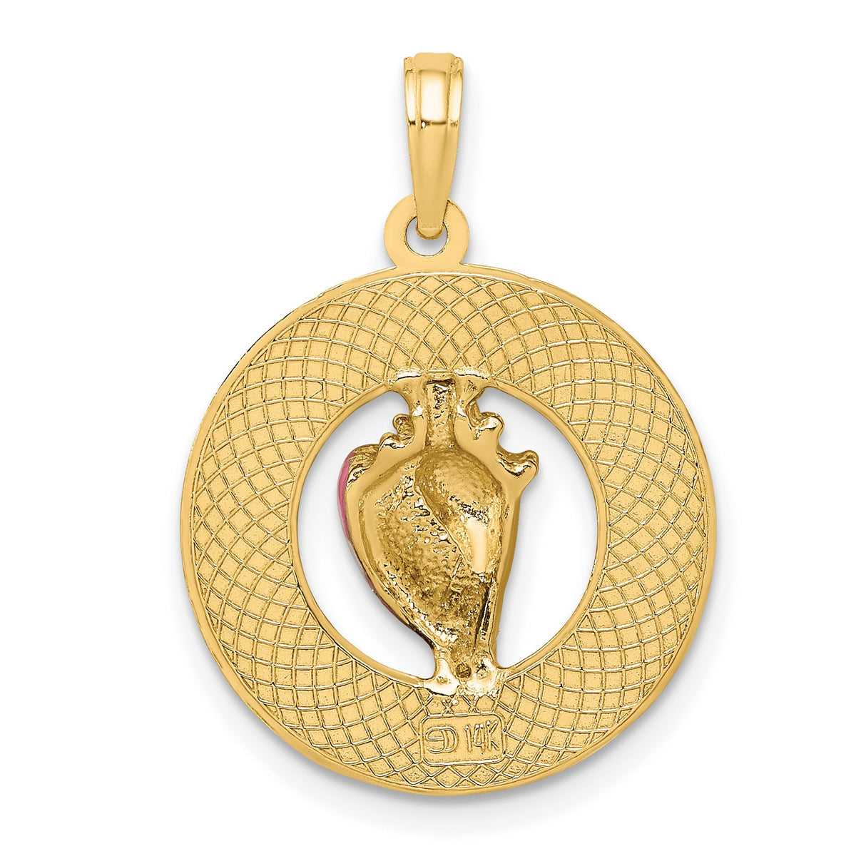 14k Yellow Gold Pendant with Pink Enamel Conch Shell, Tropical Beach Key West Charm