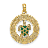 14k Yellow Gold Sea Turtle Pendant with Green Enamel, Turks and Caicos Tropical Charm