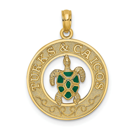 14k Yellow Gold Sea Turtle Pendant with Green Enamel, Turks and Caicos Tropical Charm
