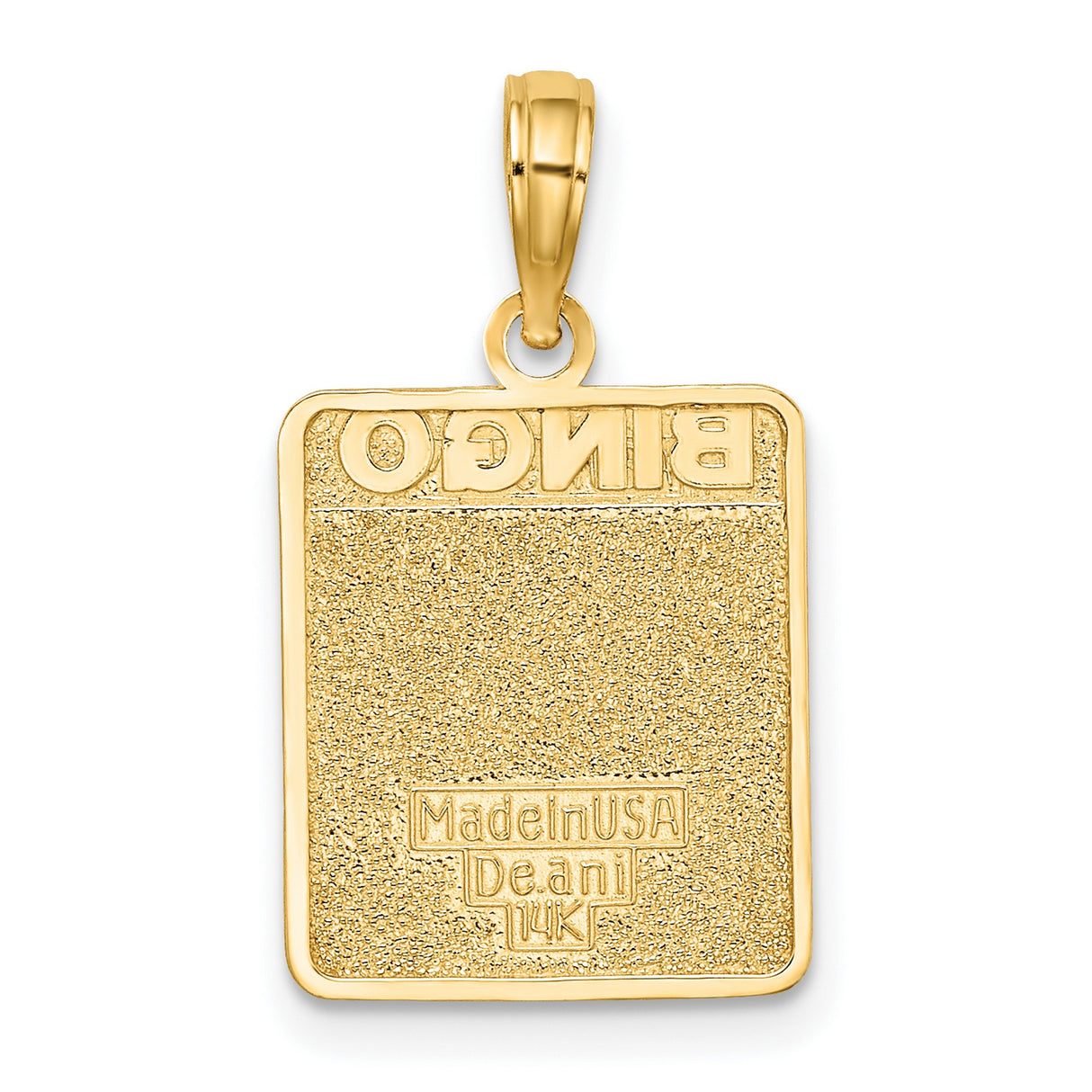 14k Yellow Gold Bingo Card Pendant with Red Enamel Lettering, Fun Game Board Design