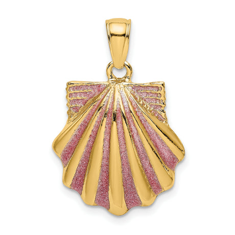 14k Yellow Gold Scallop Shell Pendant with Pink Enamel, Camino Symbol, Christian Jewelry for Women