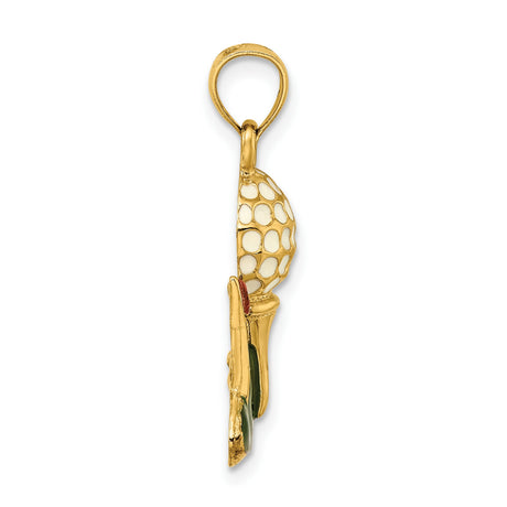 14k Yellow Gold Golf Ball Tee Pendant with Green Enamel and Red Flag, Sports Charm for Golf Lovers