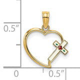 Enamel Cross and Heart Charm Pendant in Real 14k Yellow Gold