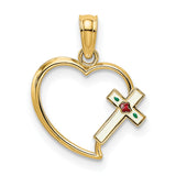 Enamel Cross and Heart Charm Pendant in Real 14k Yellow Gold