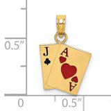 14k Yellow Gold Blackjack Pendant with Ace of Hearts and Jack of Clubs, Casino Charm