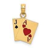 14k Yellow Gold Blackjack Pendant with Ace of Hearts and Jack of Clubs, Casino Charm