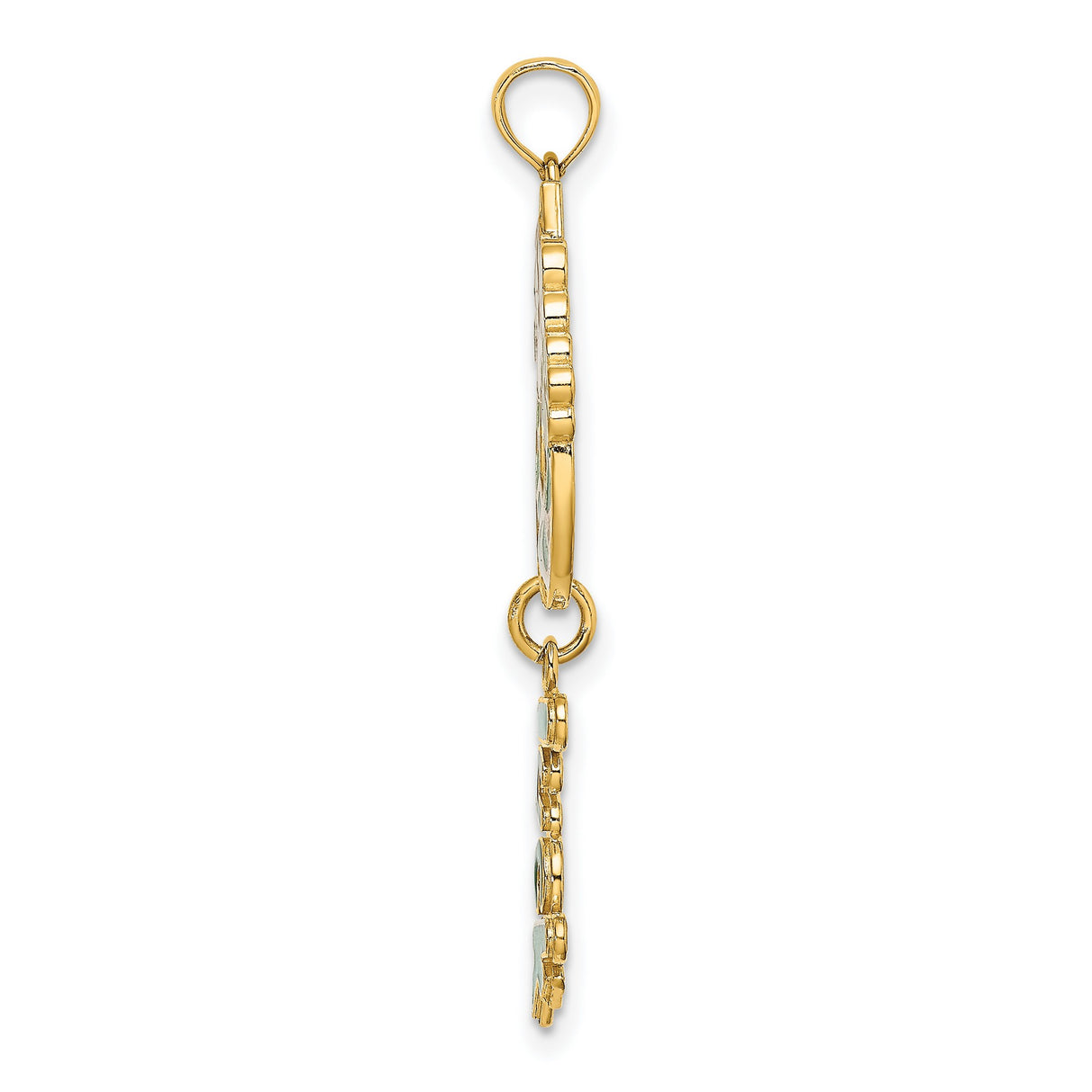 14k Yellow Gold Pendant with Green Enamel Horseshoe, White Flower Accents, Luck Charm