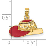 14k Yellow Gold Hat Pendant with Red Enamel Sun Hat Design and Flower Accent