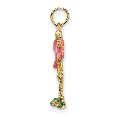 14k Yellow Gold Flamingo Pendant with Pink and Green Enamel, Tropical Bird Charm for Women