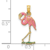 14k Yellow Gold Flamingo Pendant with Pink and Green Enamel, Tropical Bird Charm for Women