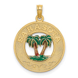 14k Yellow Gold Pendant with Enamel Palm Trees, Sarasota Tropical Beach Charm