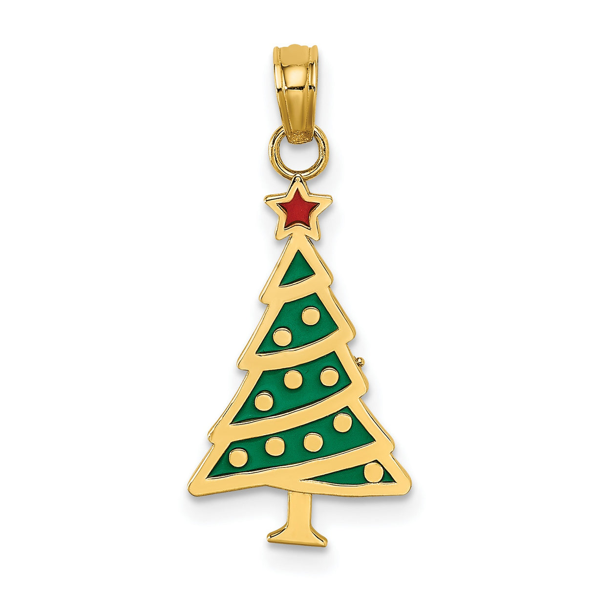14k Yellow Gold Christmas Tree Pendant with Green Enamel and Red Star Topper