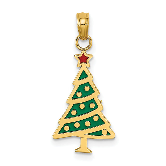 14k Yellow Gold Christmas Tree Pendant with Green Enamel and Red Star Topper