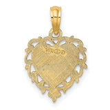 14k Yellow Gold Heart Pendant with Love Symbol and Ornate Filigree Border
