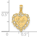 14k Yellow Gold Heart Pendant with Love Symbol and Ornate Filigree Border