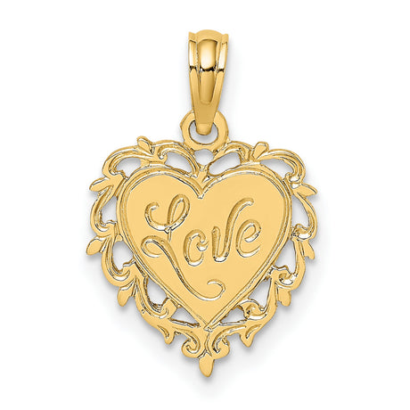 14k Yellow Gold Heart Pendant with Love Symbol and Ornate Filigree Border