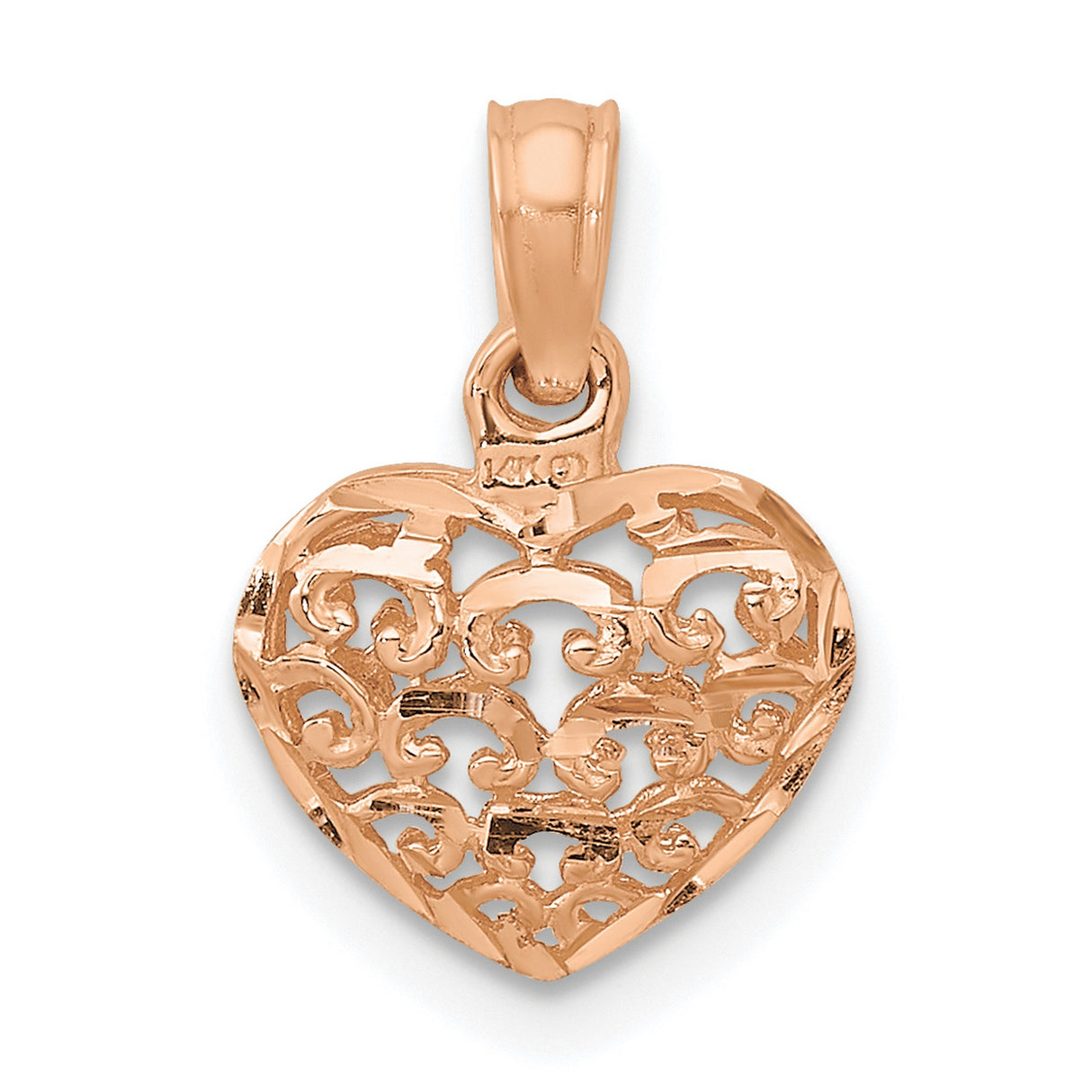 14k Rose Gold Heart Pendant with Filigree Scrollwork and Openwork Design