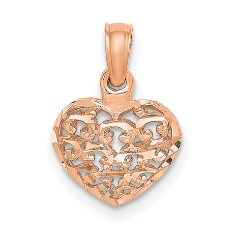 14k Rose Gold Heart Pendant with Filigree Scrollwork and Openwork Design