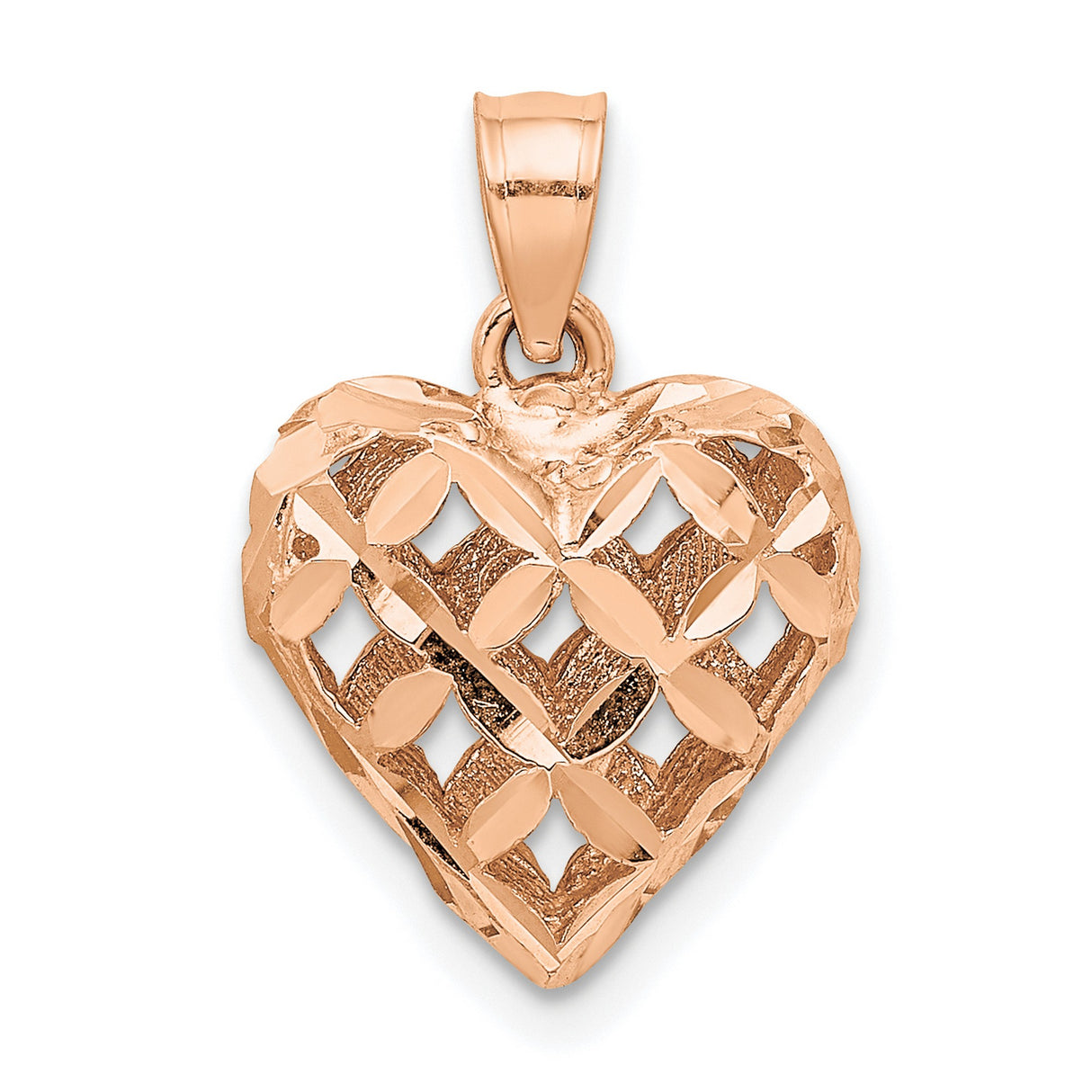 Polished 3-D Diamond-cut Puffed Heart Charm Pendant in Real 14k Rose Gold