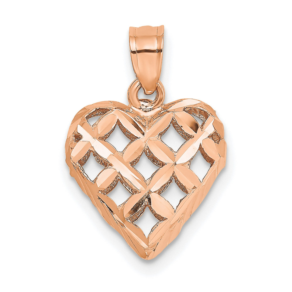 Polished 3-D Diamond-cut Puffed Heart Charm Pendant in Real 14k Rose Gold