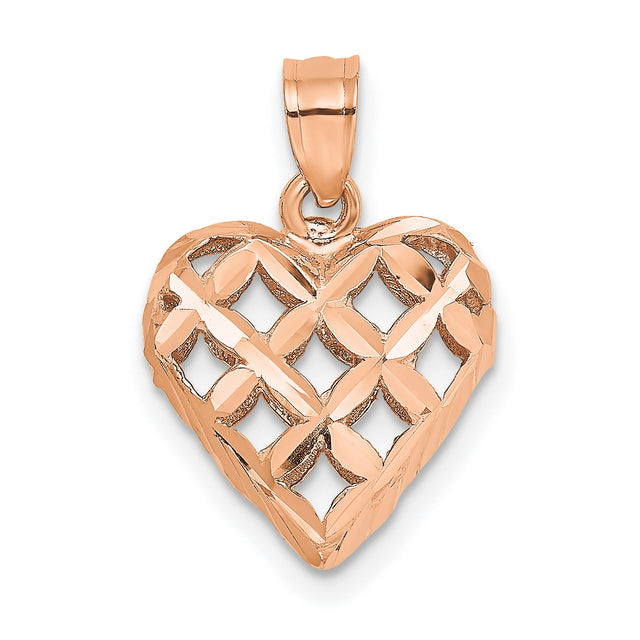 Polished 3-D Diamond-cut Puffed Heart Charm Pendant in Real 14k Rose Gold