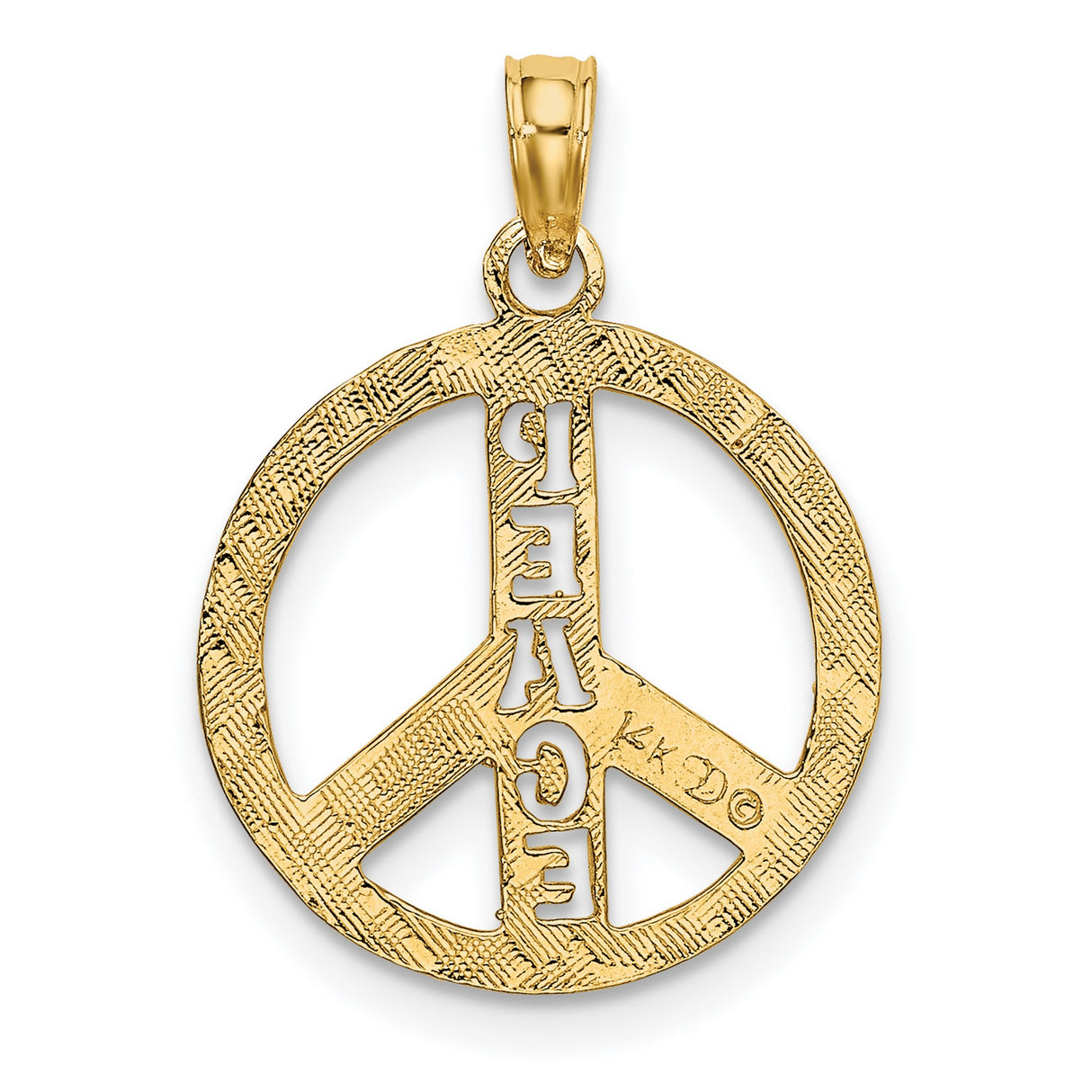 14k Yellow Gold Peace Sign Pendant with Scrollwork and Vertical PEACE Engraving for Women