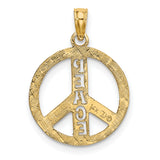 14k Yellow Gold Peace Sign Pendant with Scrollwork and Vertical PEACE Engraving for Women