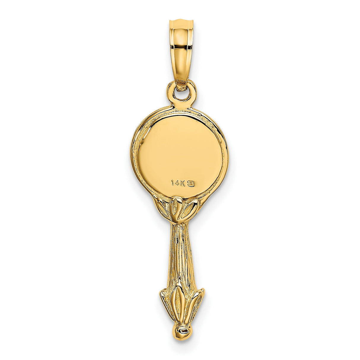 14k Yellow Gold Hand Mirror Pendant with Detailed Handle and Polished Round Face