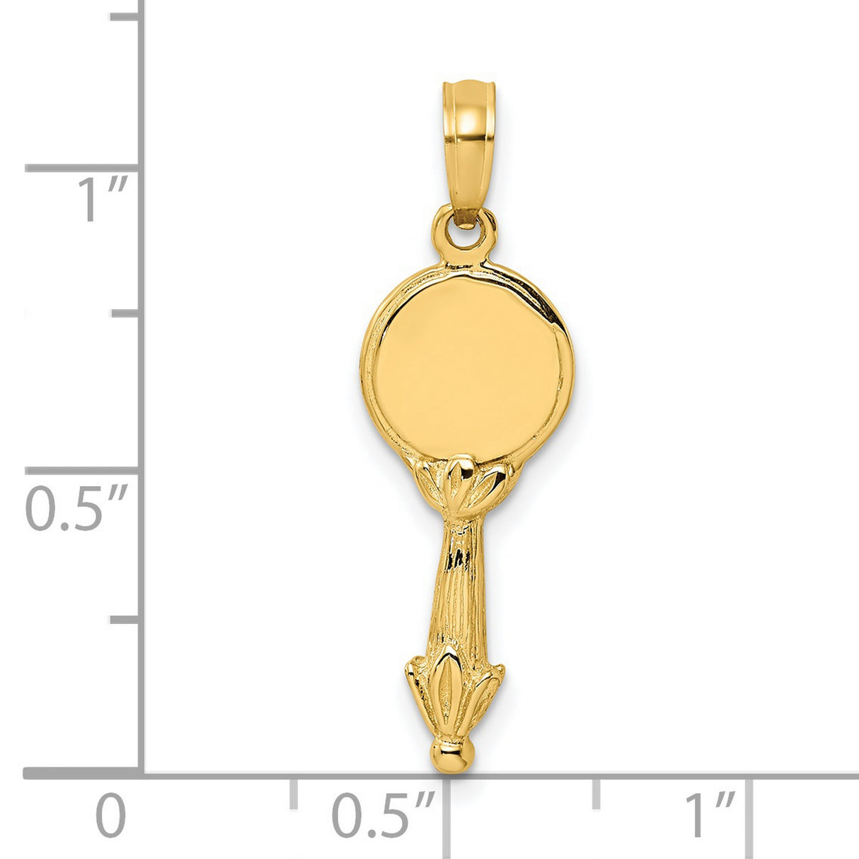 14k Yellow Gold Hand Mirror Pendant with Detailed Handle and Polished Round Face
