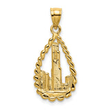 14k Yellow Gold Teardrop Pendant, Urban Skyline Design with Twisted Rope Border