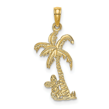 14k Yellow Gold Palm and Cactus Pendant Charm, Tropical Island Theme, Unisex Beach Jewelry