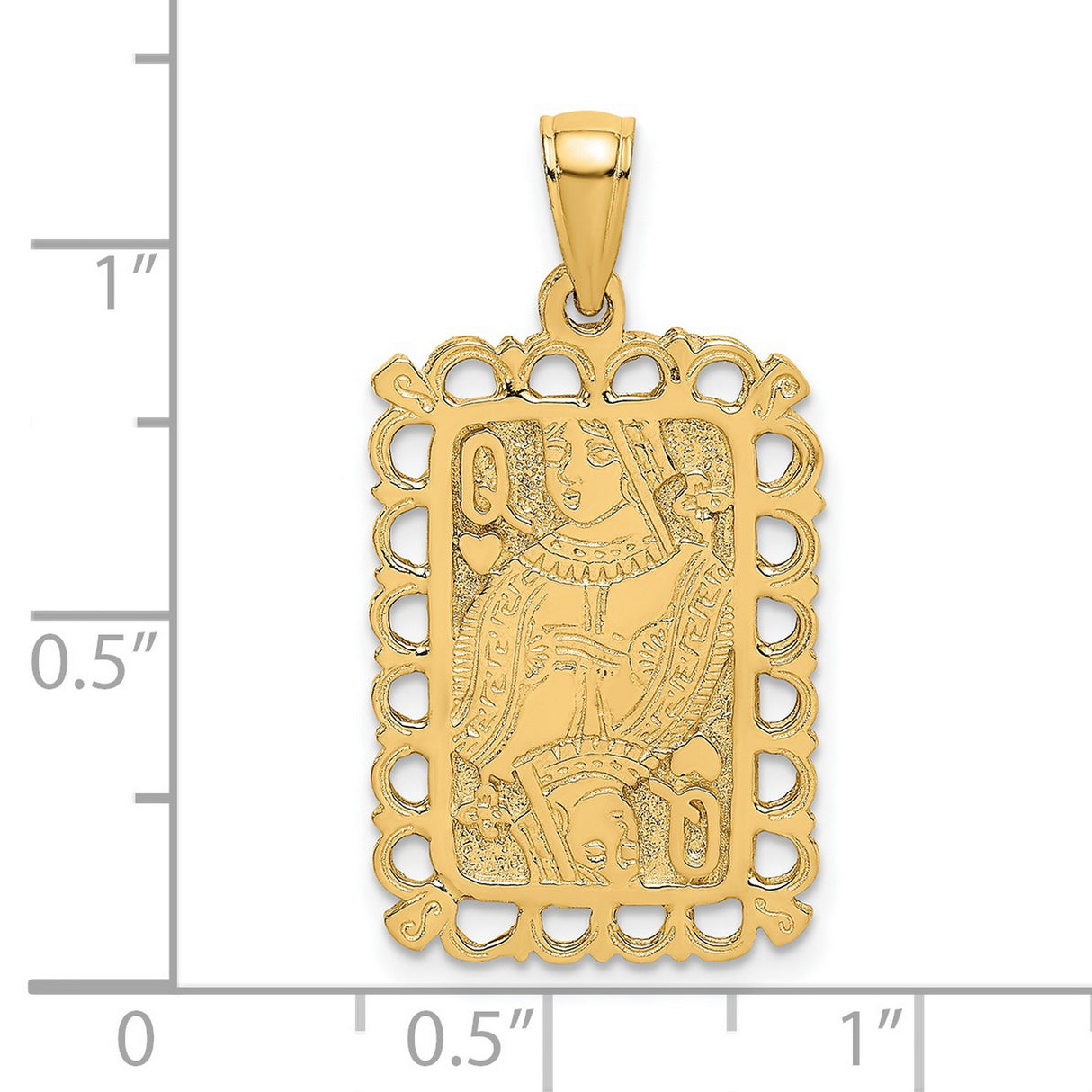 14k Yellow Gold Queen of Hearts Pendant with Lace Border, Playing Card Charm for Women