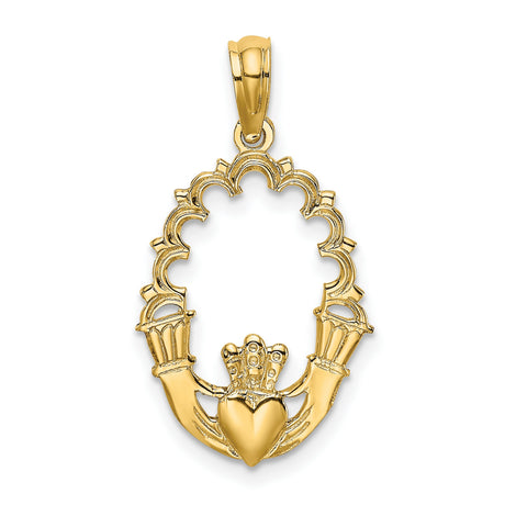 14k Yellow Gold Claddagh Pendant with Crowned Heart and Hands, Celtic Symbol of Love and Friendship