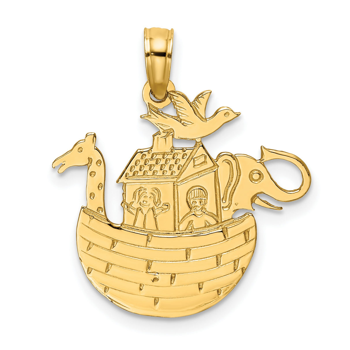 14k Yellow Gold Noahs Ark Pendant with Animals and Figures, Christian Religious Charm