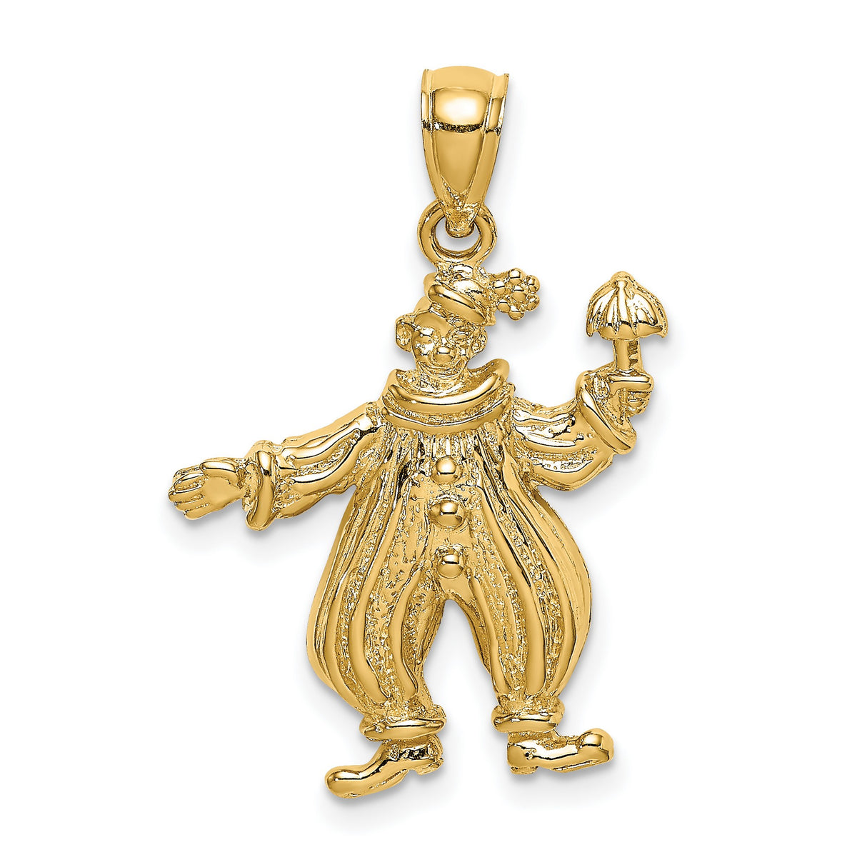 14k Yellow Gold Clown Pendant with Textured Umbrella, Whimsical Circus Charm
