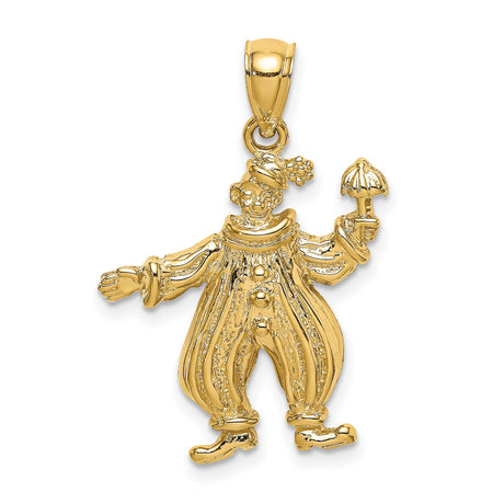14k Yellow Gold Clown Pendant with Textured Umbrella, Whimsical Circus Charm