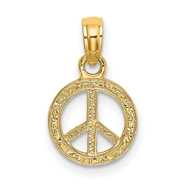 14k Yellow Gold Peace Symbol Pendant, Textured Charm with Boho Retro Spiritual Style for Women or Unisex Wear