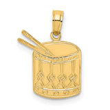 14k Yellow Gold Drum Pendant with Drumsticks and Rope Accents, Unisex Music Jewelry