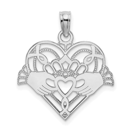 14k White Gold Claddagh Pendant with Heart, Crown, Hands, and Celtic Knot Design