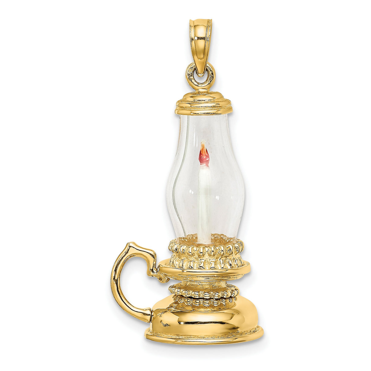 14k Yellow Gold Lantern Pendant with Glass Flame Cover, Vintage Oil Lamp Charm