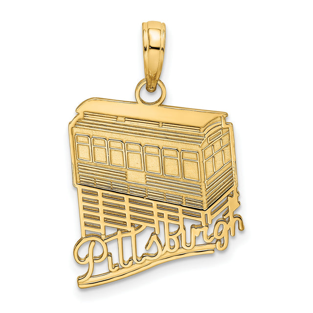 14k Yellow Gold Pittsburgh Incline Pendant with Script Engraving, Tram Charm Cityscape Jewelry
