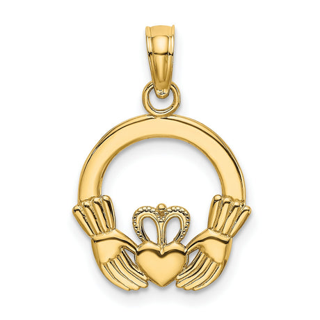 14k Yellow Gold Claddagh Pendant with Crowned Heart and Hands, Irish Celtic Symbol of Love and Loyalty
