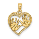 14k Yellow Gold Pendant with Baby Handprints in Textured Open Heart, Motherhood Keepsake Charm